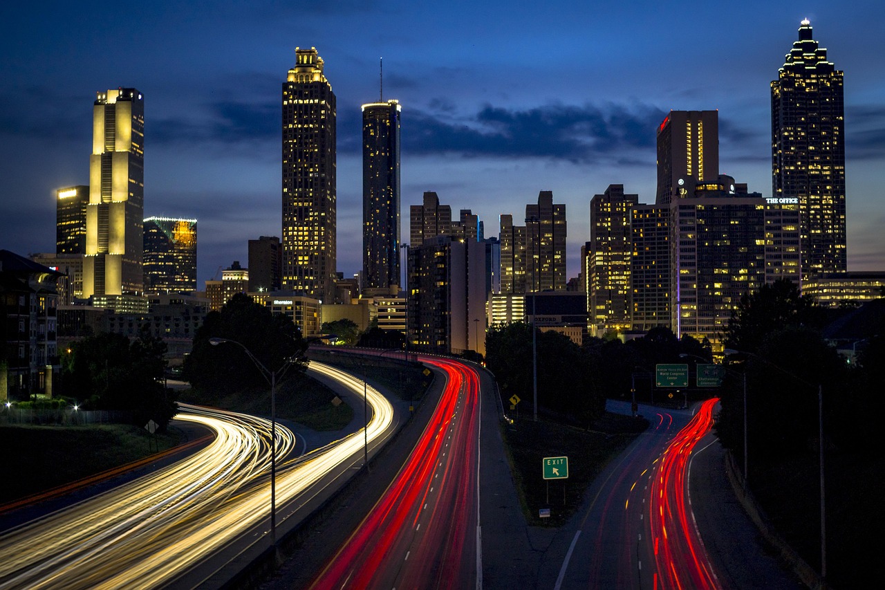 Cityscape at night with light trails